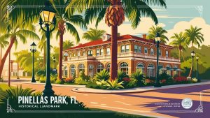 Historical building in Pinellas Park, Florida, surrounded by palm trees and vintage street lamps, showcasing the city's rich architectural heritage.