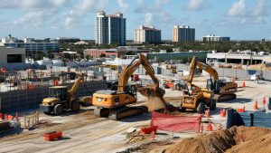 Construction site in Pinellas Park, Florida, showcasing heavy machinery including excavators and loaders, with city buildings in the background.