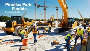 Construction workers at a Pinellas Park, Florida, job site with large construction equipment and cranes under a clear blue sky.