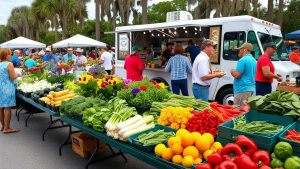 Vibrant farmers market in Pinellas Park, Florida, featuring fresh produce, colorful flowers, and local vendors with food trucks and shoppers.