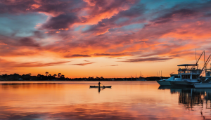 Stunning sunset view over the Halifax River in Port Orange, Florida, with a silhouetted kayaker, colorful sky reflections, and boats docked nearby.