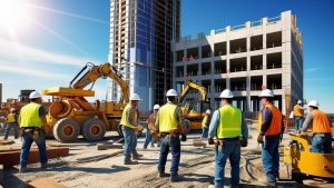 Team of construction workers in Rockford, Illinois collaborating on-site with cranes and high-rise building structures, symbolizing the city’s commitment to progress and modernization.