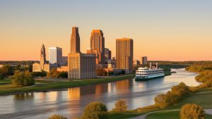 Rockford, Illinois cityscape with modern and historic architecture, captured during a golden hour, reflecting the city’s charm and vibrant atmosphere.