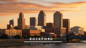 Downtown Rockford, Illinois skyline at sunset, showcasing historic buildings and the scenic Rock River, highlighting the city’s urban landscape and tranquil environment.