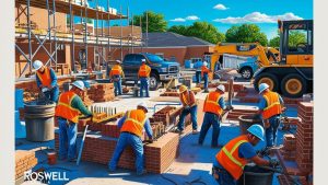 Bricklayers and construction crews working on a new building project in Roswell, Georgia, illustrating the city's thriving construction and development industry.