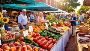 A vibrant farmer's market in Roswell, Georgia, featuring fresh produce, smiling vendors, sunflowers, and community members enjoying the outdoor shopping experience.