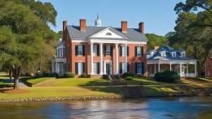 A historic mansion in Roswell, Georgia, surrounded by lush greenery and a serene lake, showcasing the city's architectural heritage and Southern charm.