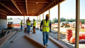 Construction workers building a modern structure in Roswell, Georgia, wearing safety gear and working on-site to contribute to the city's infrastructure development.