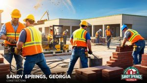 Construction workers laying bricks at a site in Sandy Springs, Georgia, highlighting teamwork and progress in the local building industry.