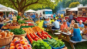 A vibrant farmers market in Sandy Springs, Georgia, featuring fresh produce, friendly vendors, and visitors enjoying outdoor dining under shaded picnic tables.