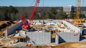 Active construction site in Sandy Springs, Georgia, with workers, cranes, and building materials, showcasing urban development and infrastructure growth.