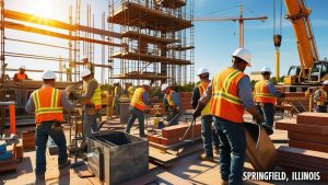 Team of construction workers building a structure in Springfield, Illinois, under a bright sunny sky, showcasing teamwork and progress in development.