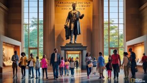 Visitors exploring the Abraham Lincoln Presidential Library and Museum in Springfield, Illinois, featuring a towering statue of Abraham Lincoln and historical exhibits.