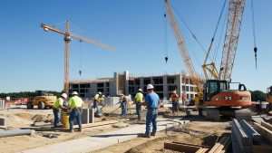 Construction workers operating on a large-scale building project in Springfield, Illinois, with cranes and heavy equipment in the background.