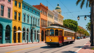 Charming street scene in St. Petersburg, Florida, featuring colorful historic buildings, palm trees, and a vintage yellow and red streetcar on a sunny day.