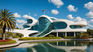 Contemporary glass architectural building surrounded by palm trees and a reflecting pool in St. Petersburg, Florida, under a clear blue sky.