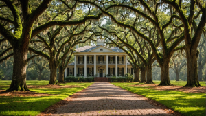 Iconic oak tree canopy leading to a historic southern mansion in Tallahassee, Florida, reflecting the city's charm and architectural heritage.