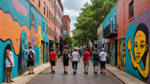 Vivid mural-covered street in downtown Tallahassee, Florida, showcasing a vibrant art scene with pedestrians exploring the artistic urban environment.