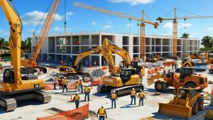 Large-scale construction project in Titusville, Florida featuring heavy machinery, cranes, and workers preparing a multi-story building foundation.