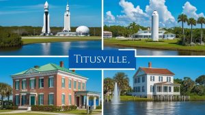 Collage of landmarks in Titusville, Florida, including historic homes, water landscapes, and the Kennedy Space Center rockets under a sunny sky.