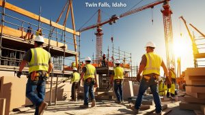 Modern construction site in Twin Falls, Idaho, with workers wearing yellow vests and helmets amidst cranes and scaffolding during a sunny day.