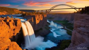 Shoshone Falls in Twin Falls, Idaho, at sunset, with a vibrant orange glow on the cliffs, a cascading waterfall, and a picturesque bridge in the background.