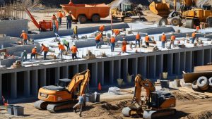 Construction site in Twin Falls, Idaho, featuring workers in orange vests building concrete foundations with excavators and heavy equipment.