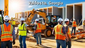 Construction site in Valdosta, Georgia, featuring workers in high-visibility vests and heavy equipment like excavators under a bright blue sky.