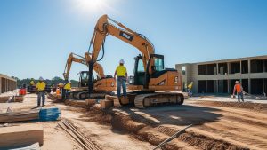 Team of construction workers collaborating on-site in Valdosta, Georgia, with heavy machinery and modern buildings in the background.