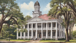 Historic courthouse in Valdosta, Georgia, showcasing classic Southern architecture with a red roof, white columns, and moss-draped oak trees.