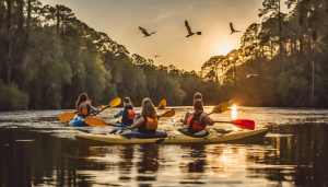 Group of kayakers paddling on a serene river in Valdosta, Georgia, surrounded by lush greenery and birds flying overhead during sunset.