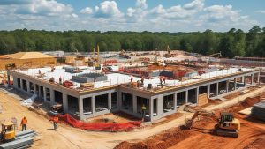 Construction site in Warner Robins, Georgia, featuring cranes, workers, and heavy machinery building a large structure, highlighting the city's development and growth.