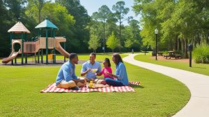 A family enjoying a picnic on a sunny day in a Warner Robins, Georgia park with a playground in the background, surrounded by lush greenery and walking paths.