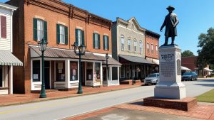 Historic downtown Warner Robins, Georgia, showcasing charming brick buildings, a statue monument, and a quaint small-town atmosphere under a clear blue sky.