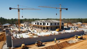 A bustling construction site in Warner Robins, Georgia, with workers, machinery, and a partially completed commercial building surrounded by forested areas and open skies.