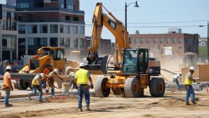 Active construction site in Waukegan, Illinois, with workers and heavy equipment building infrastructure in the city.