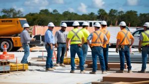 Construction workers gathered on-site in Weston, Florida, discussing project plans with safety gear and equipment visible in the background.