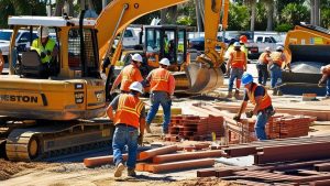 Construction site in Weston, Florida, featuring workers operating heavy machinery, laying bricks, and collaborating on infrastructure projects.