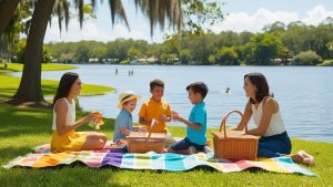 Families enjoying a picnic by the lake in Weston, Florida, with children playing and a scenic view of greenery and water in the background.