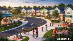 Vibrant neighborhood scene in Weston, Florida, with families biking, walking, and dining in a picturesque, community-oriented environment.