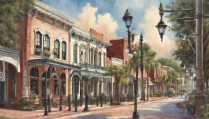 Picturesque view of downtown Winter Garden, Florida, with historic brick buildings, palm trees, and vintage-style street lamps lining the walkway.