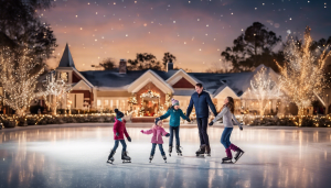 Family ice skating in Winter Garden, Florida, enjoying a festive holiday setting with twinkling lights, snow, and a beautifully decorated home in the background.