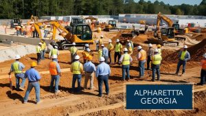 Construction crew meeting on-site in Alpharetta, Georgia, with heavy equipment in the background, highlighting teamwork and project planning.