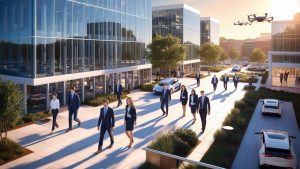 Modern business district in Alpharetta, Georgia, featuring glass office buildings, professionals walking, and cutting-edge technology like drones.