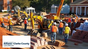 A busy construction site in Athens-Clarke County, Georgia, with workers, cranes, and building materials showcasing active progress on a development project.