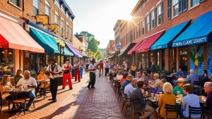 A vibrant pedestrian street in Athens-Clarke County, Georgia, featuring outdoor dining, live music performances, and colorful storefronts under a sunny sky.