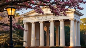 The iconic North Campus Arch at the University of Georgia in Athens-Clarke County, framed by blooming magnolia trees on a serene spring day.