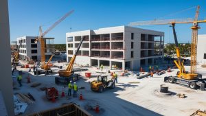 Construction workers in Aventura, Florida, collaborating on a commercial project, showcasing teamwork and progress on a sunny day.