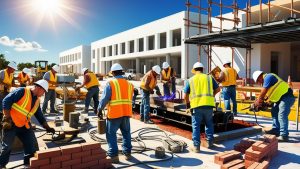 Construction site in Aventura, Florida, featuring cranes and workers building multi-story commercial structures under clear blue skies.