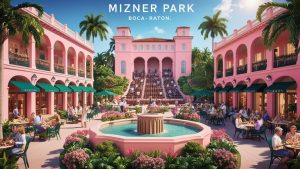 Mizner Park in Boca Raton, Florida showcasing a vibrant shopping and dining area with iconic pink architecture, lush greenery, and a central fountain under a sunny sky.